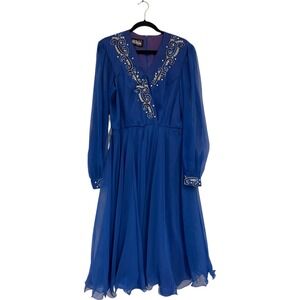 Ursula of Switzerland Blue Chiffon Sequined Lined Overlap V Neck Dress Size 16‎